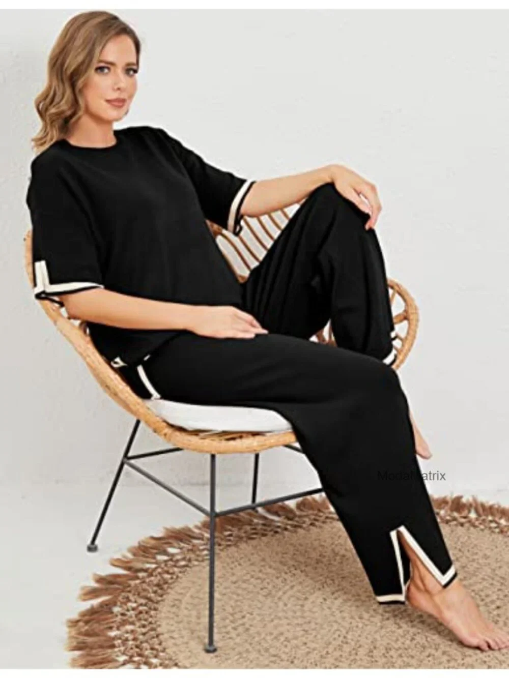 Knit 2 Piece Sweater Set Lounge Set Short Sleeve Pullover Wide Leg Pants